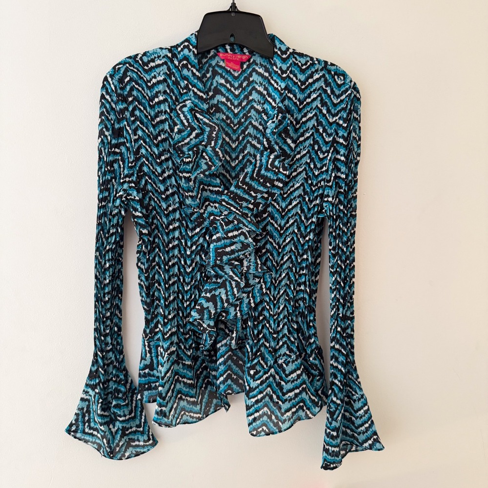 NEW Y2K Retro Ruffle Blouse Blue Black‎ Chevron Mesh Bell Sleeves PL